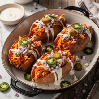 Buffalo Chicken Stuffed Sweet Potatoes